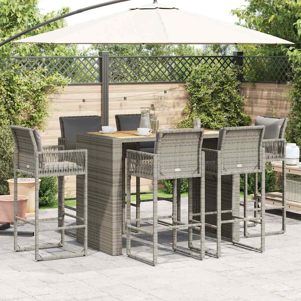 vidaXL 7-delige Tuinbarset met kussens poly rattan acacia grijs