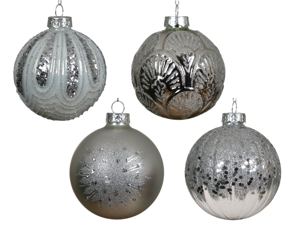 Decoris Kerstbal glas d8 cm wit/zilver a4 - 