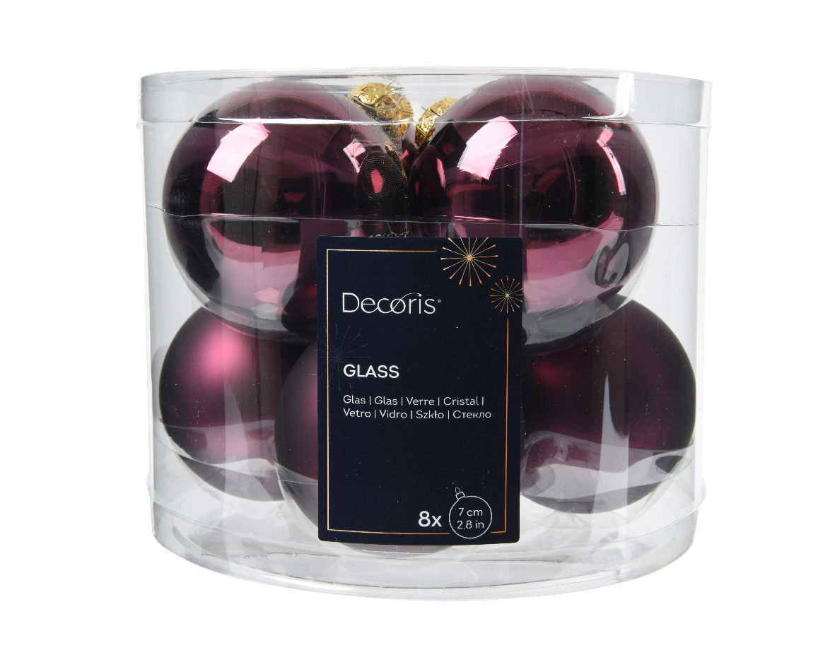 Decoris Kerstbal glas d7 cm donker mauve 8st - 