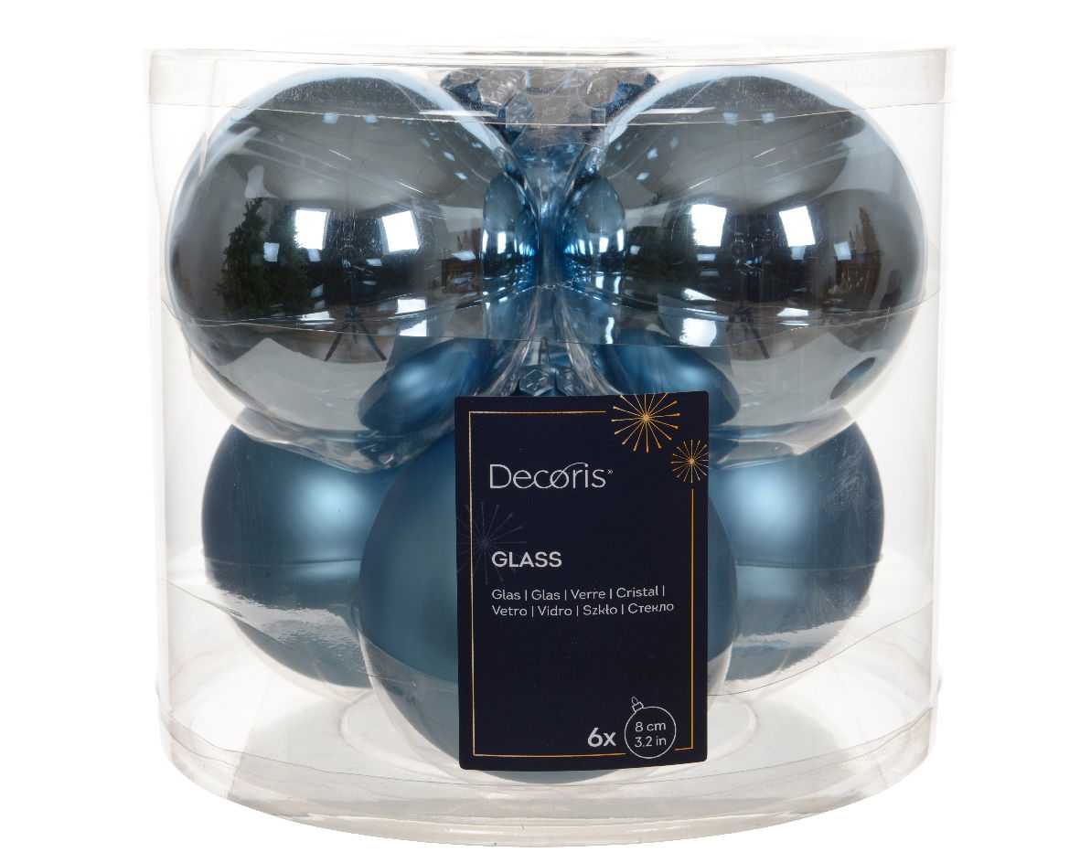 Decoris Kerstbal glas d8 cm ijsblauw 6st - 