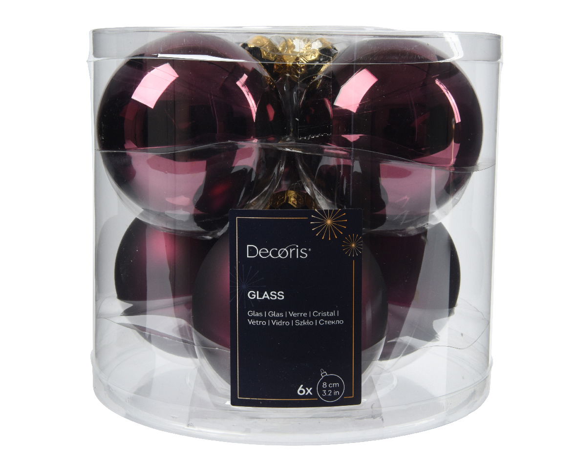 Decoris Kerstbal glas d8 cm donker mauve 6st - 