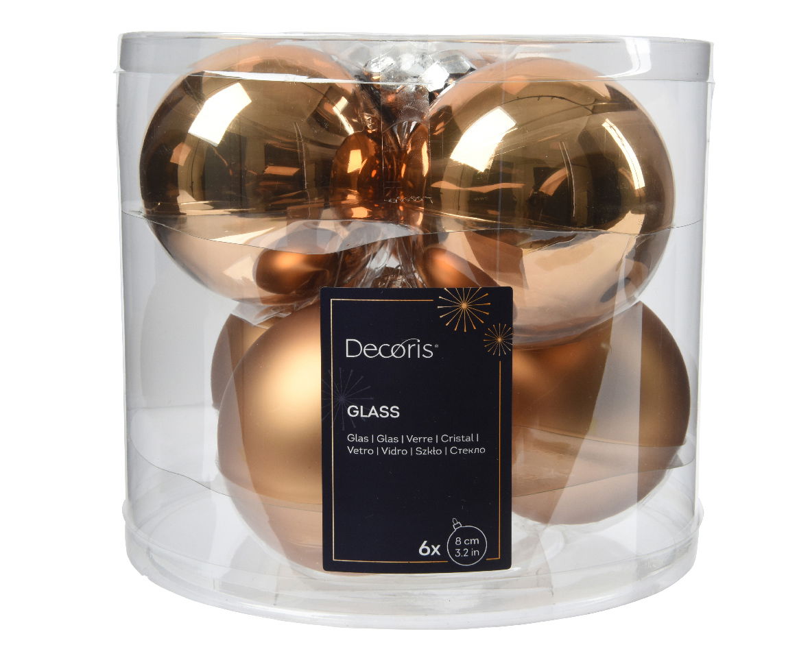 Decoris Kerstbal glas d8 cm pec.bruin 6st - 