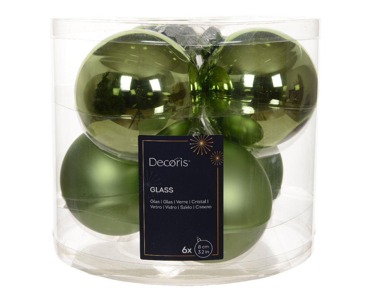 Decoris Kerstbal glas d8 cm groene thee 6st - 