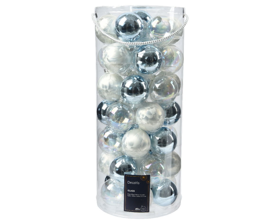 Decoris Kerstbal glas d6 cm blauw/wit 49st - 