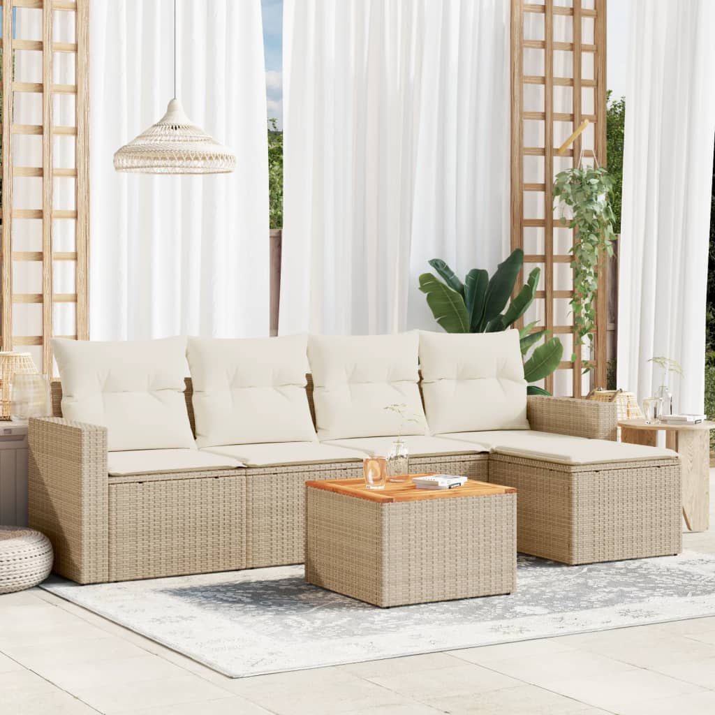 VidaXL 6-delige Loungeset met kussens poly rattan beige