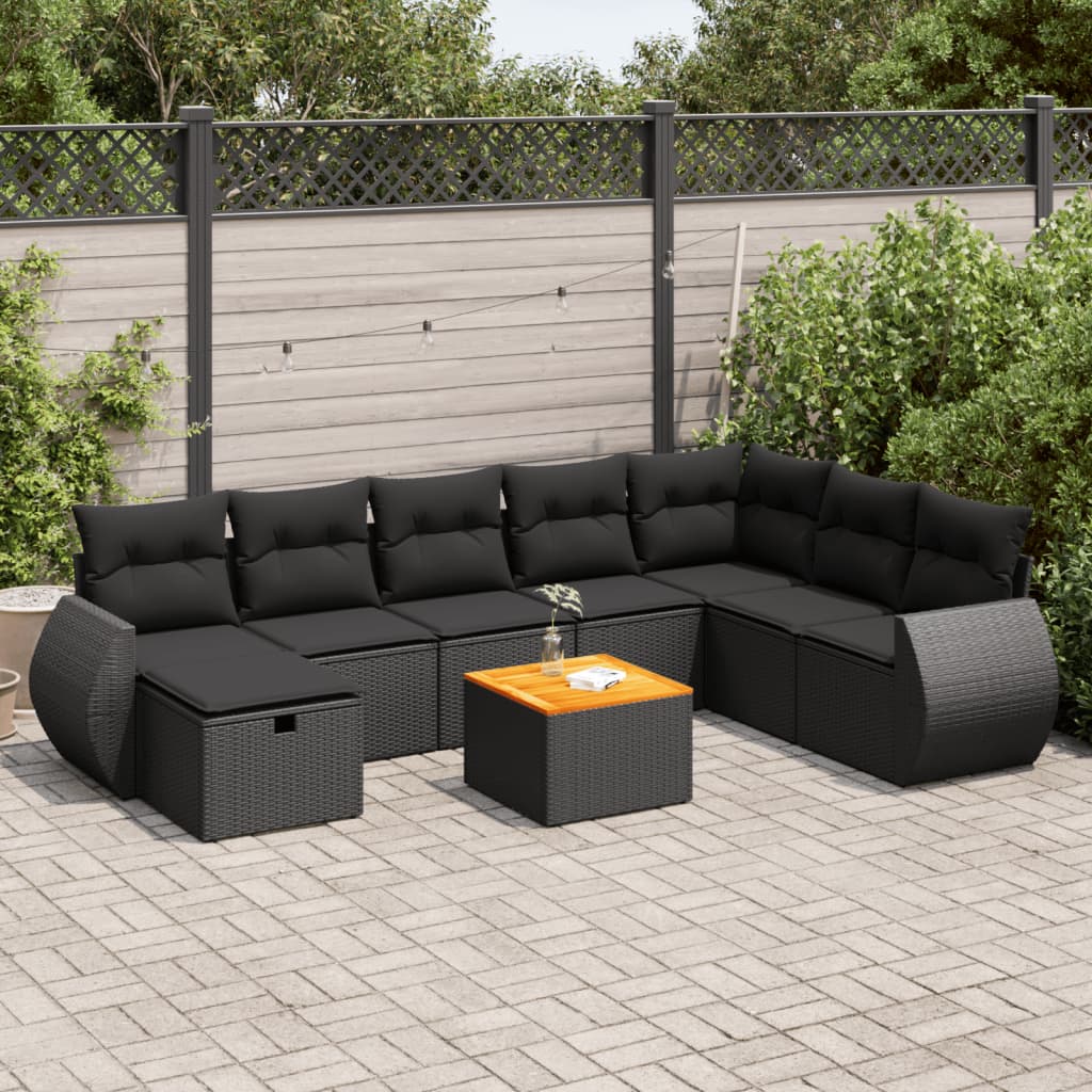 VidaXL 9-delige Loungeset met kussens poly rattan zwart