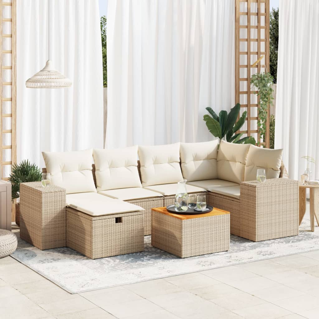 VidaXL 7-delige Loungeset met kussens poly rattan beige