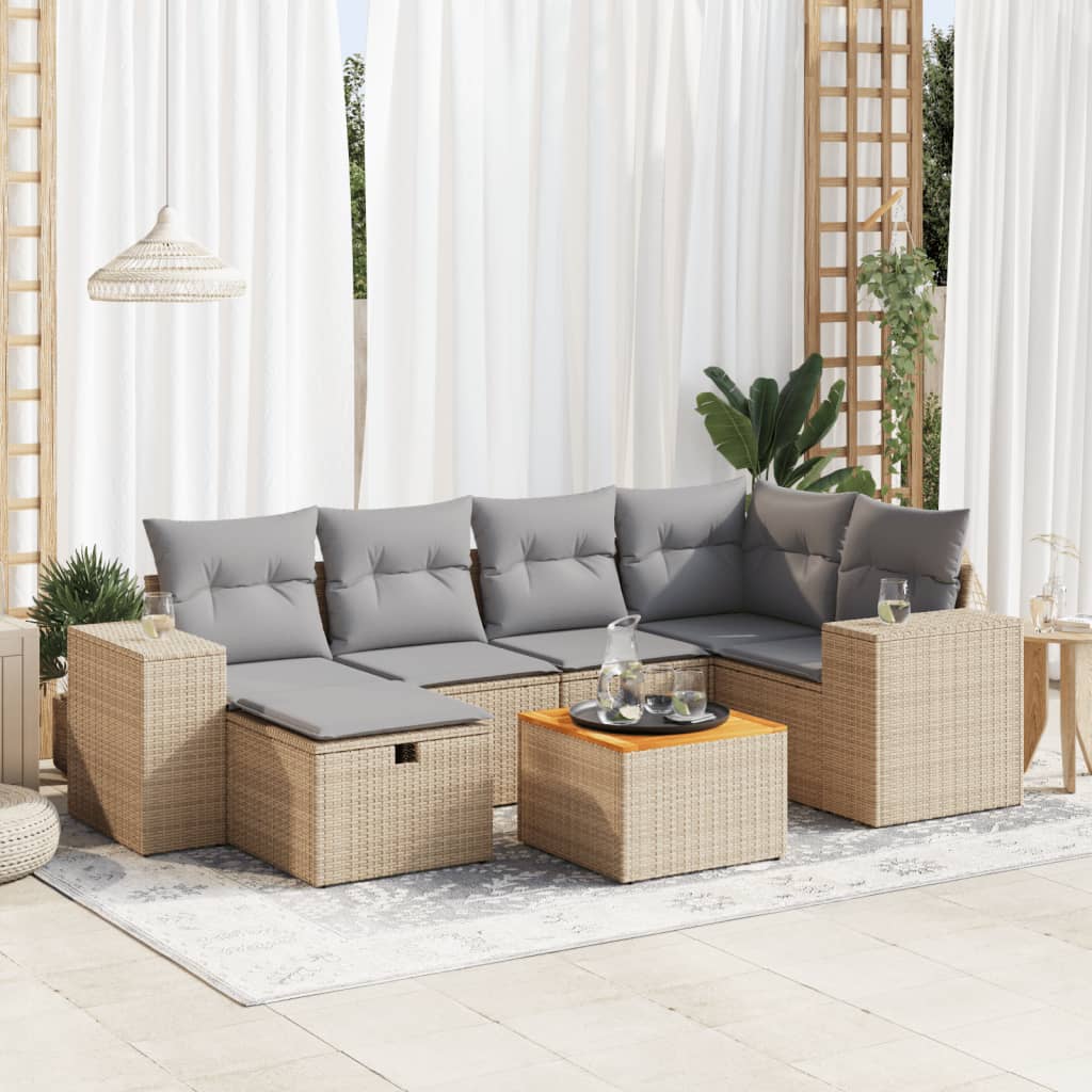 VidaXL 7-delige Loungeset met kussens poly rattan beige