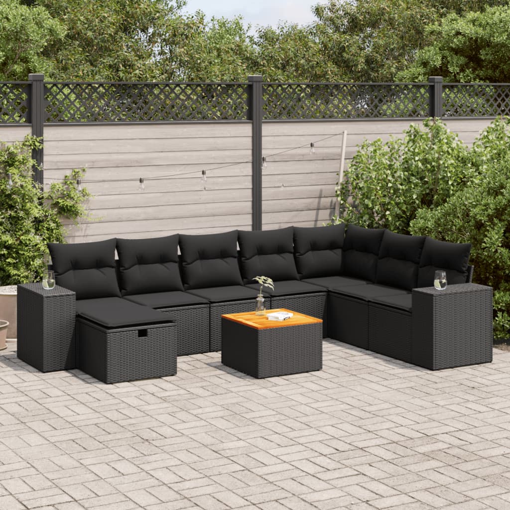 VidaXL 9-delige Loungeset met kussens poly rattan zwart