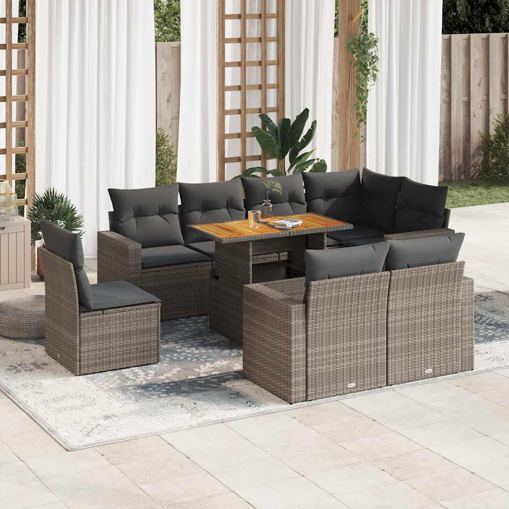 VidaXL 9-delige Loungeset met kussens poly rattan grijs