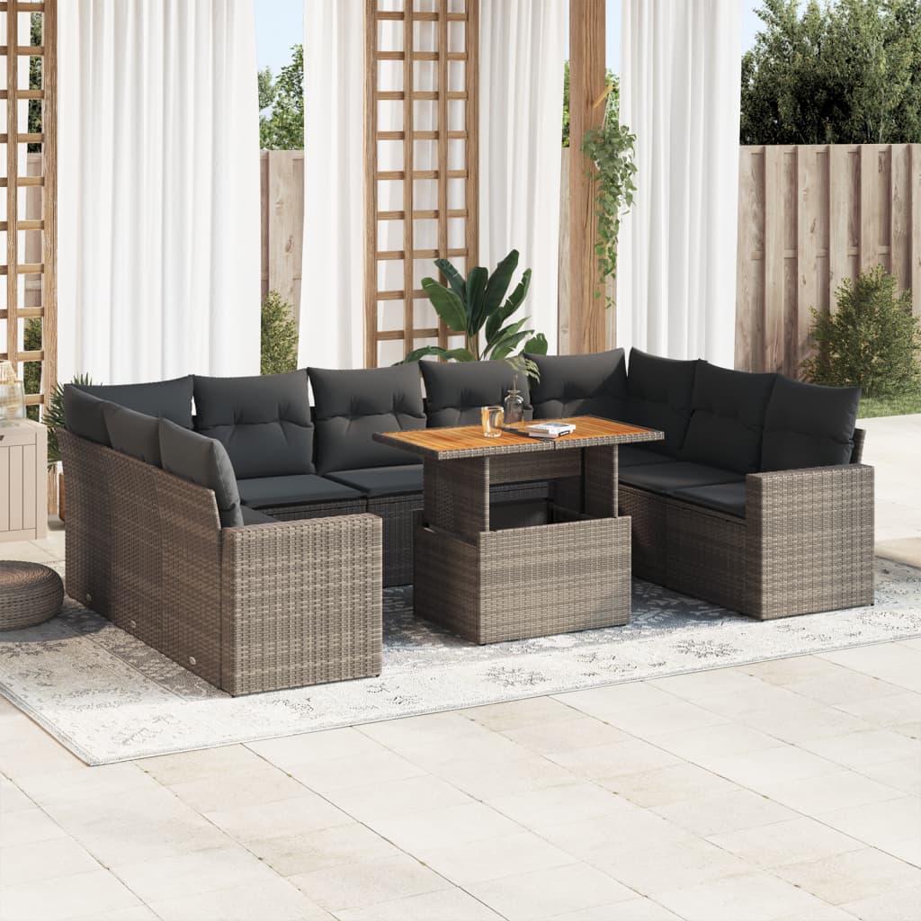 VidaXL 10-delige Loungeset met kussens poly rattan grijs