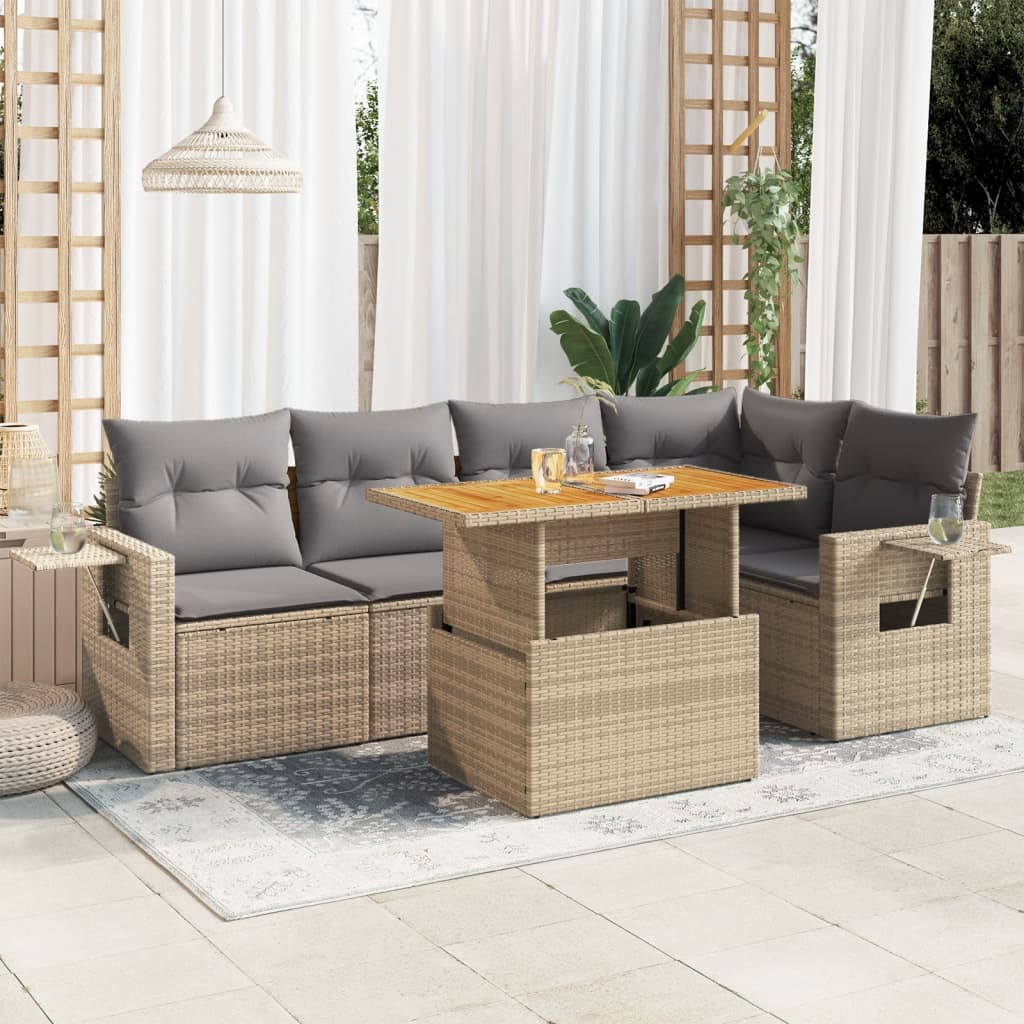 VidaXL 6-delige Loungeset met kussens poly rattan beige