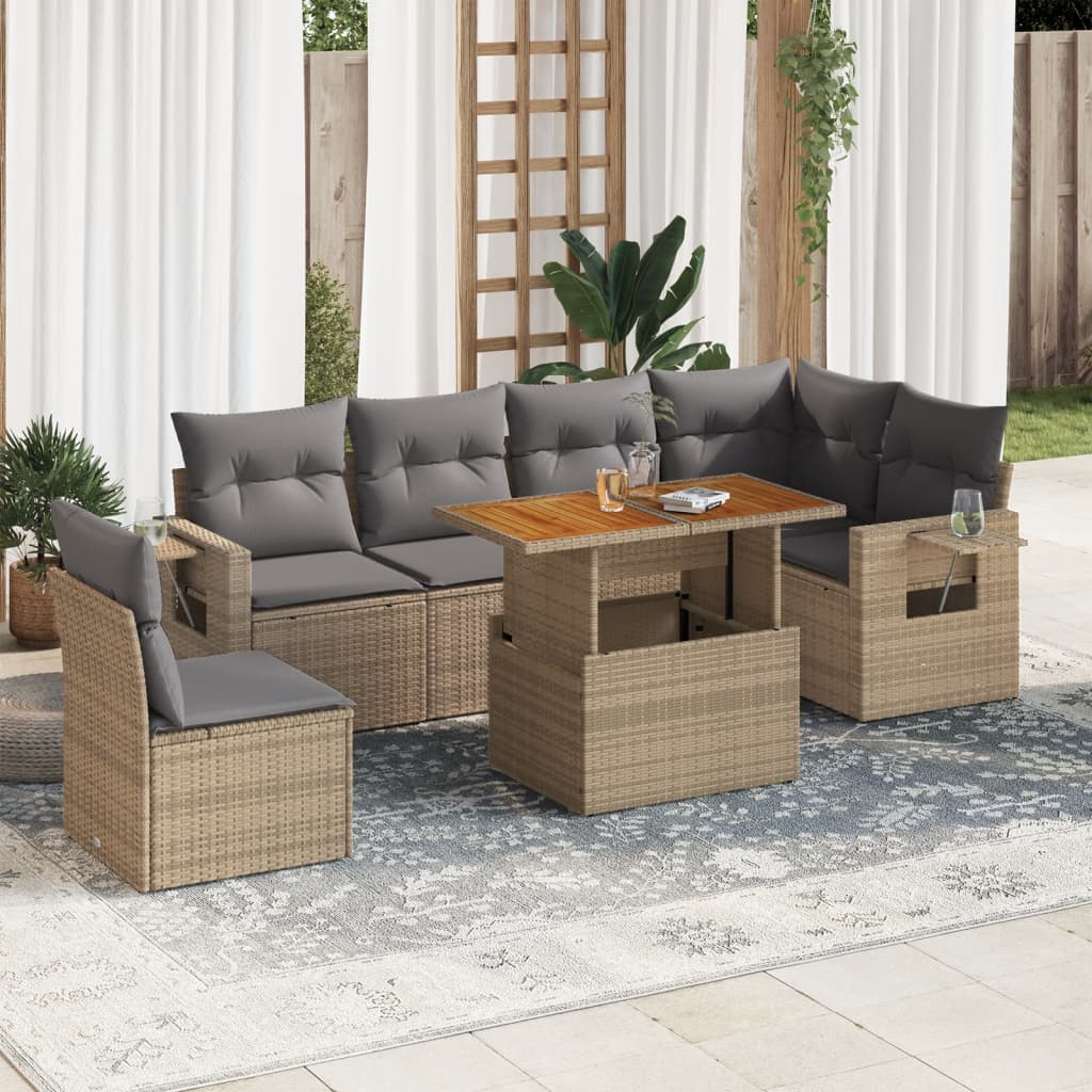 VidaXL 7-delige Loungeset met kussens poly rattan beige