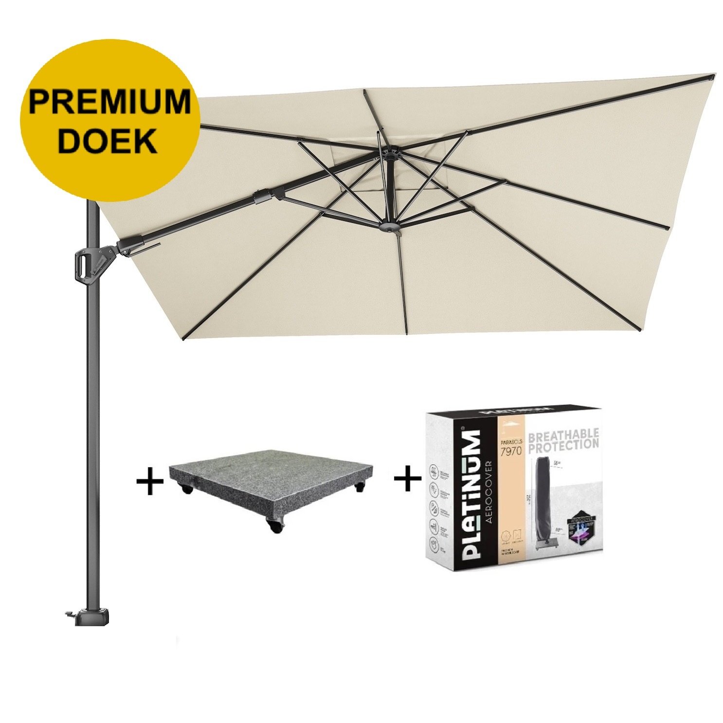 Platinum Challenger T2 premium zweefparasol 300x300 cm champagne met parasolvoet 90kg en hoes