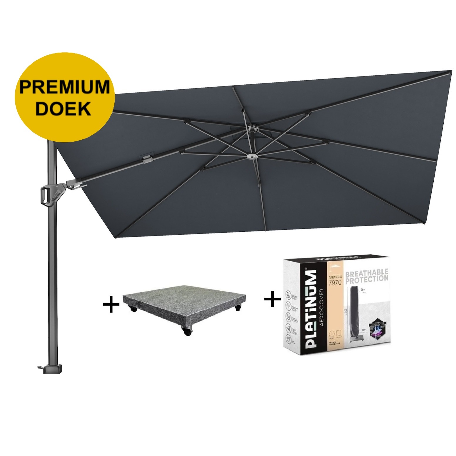 Platinum Challenger T2 premium zweefparasol 260x350 cm faded black met parasolvoet 90kg en hoes