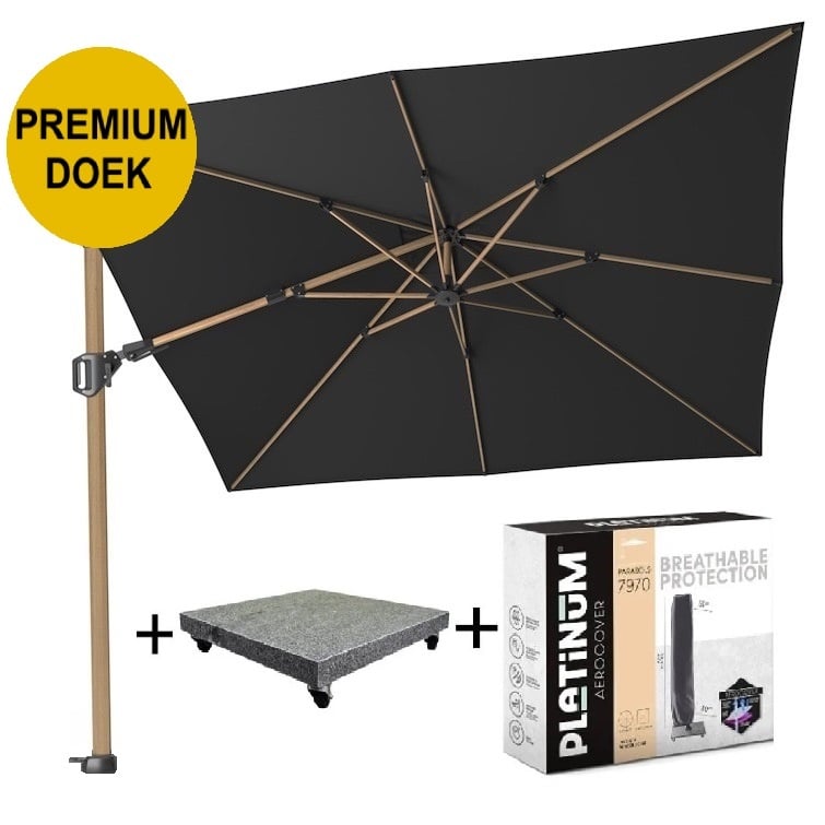 Platinum Challenger T2 premium zweefparasol 300x300 cm teak mast faded black  met parasolvoet 90kg en hoes