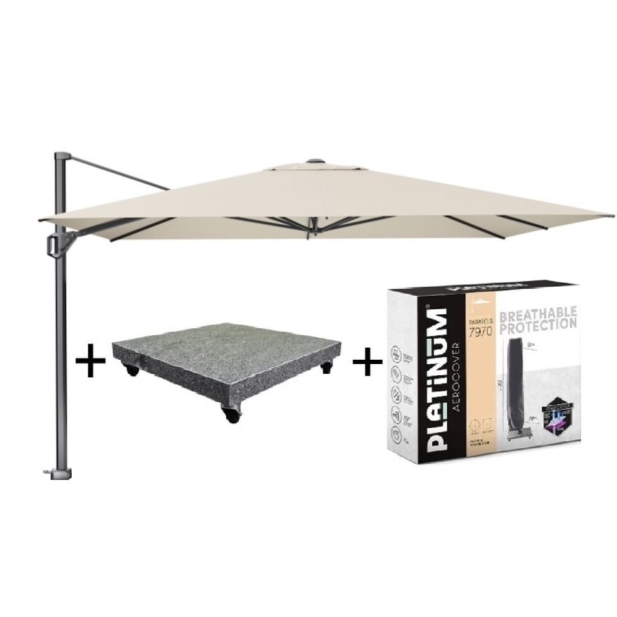 Platinum Challenger T1 premium zweefparasol 400x300 cm champagne parasolvoet 120kg en hoes