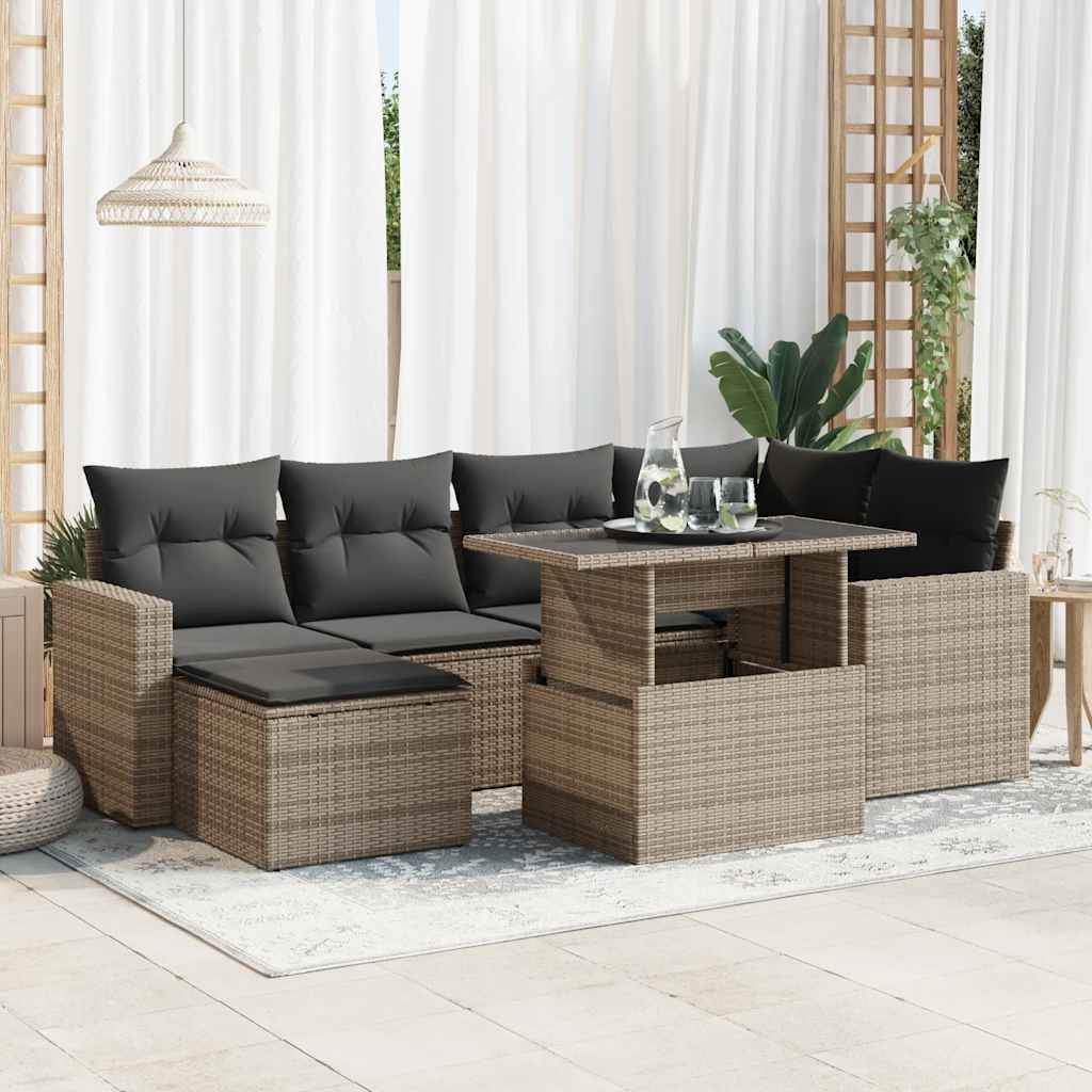 VidaXL 7-delige Loungeset met kussens poly rattan grijs