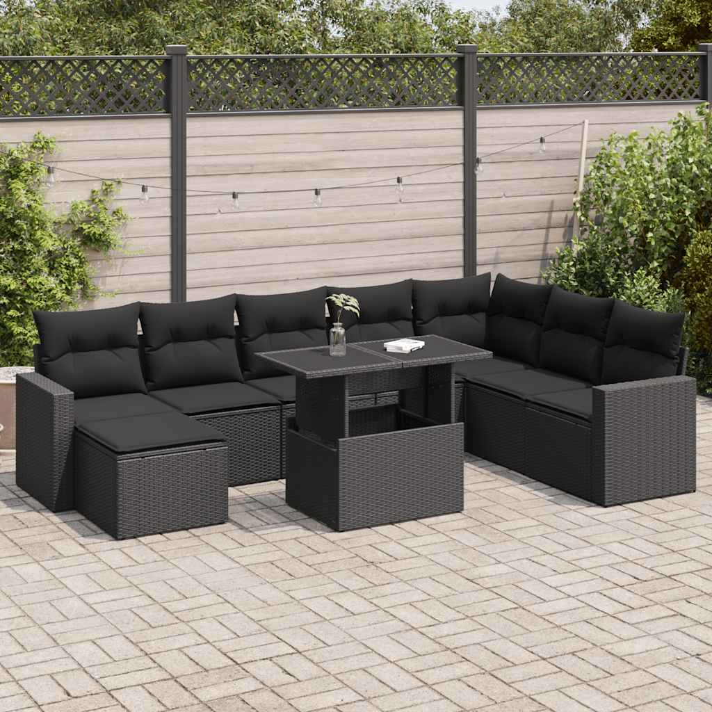 VidaXL 9-delige Loungeset met kussens poly rattan zwart