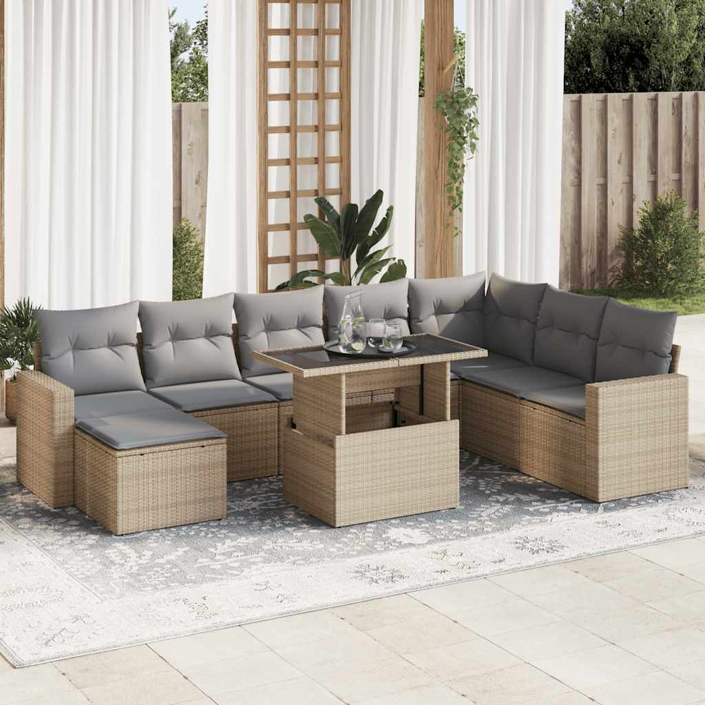 VidaXL 9-delige Loungeset met kussens poly rattan beige