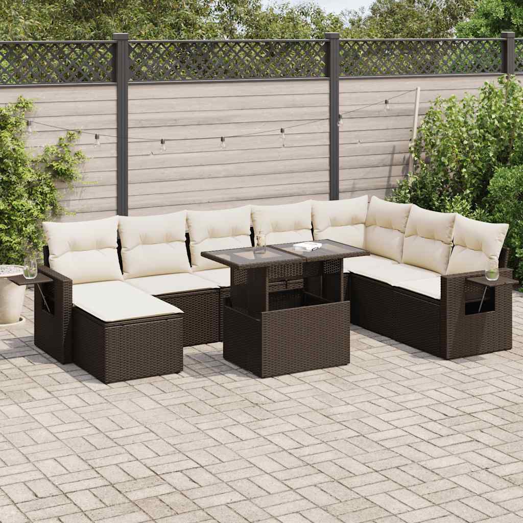 VidaXL 9-delige Loungeset met kussens poly rattan bruin