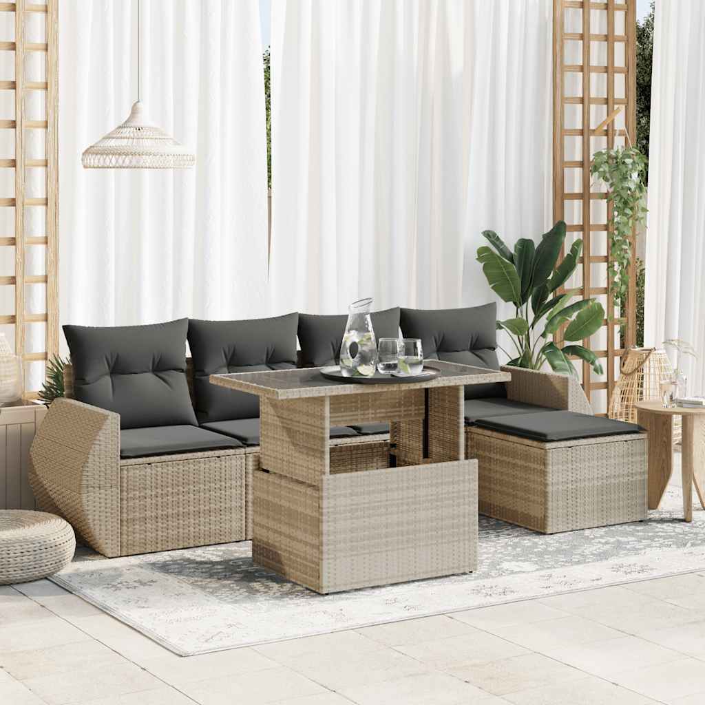 VidaXL 6-delige Loungeset met kussens poly rattan lichtgrijs