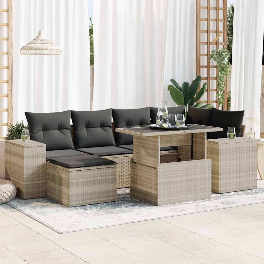 VidaXL 7-delige Loungeset met kussens poly rattan lichtgrijs