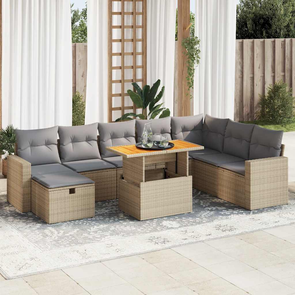 VidaXL 9-delige Loungeset met kussens poly rattan acacia beige