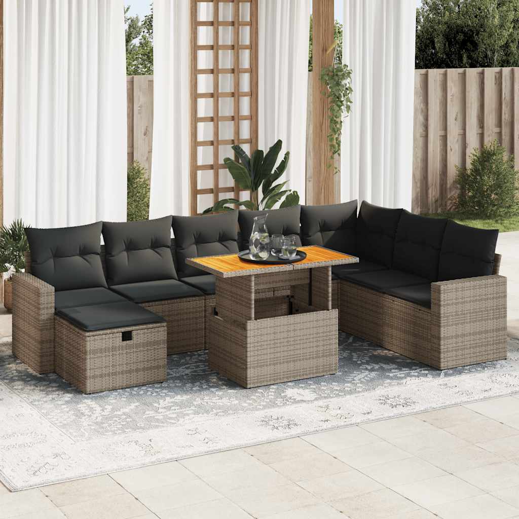 VidaXL 9-delige Loungeset met kussens poly rattan acacia grijs