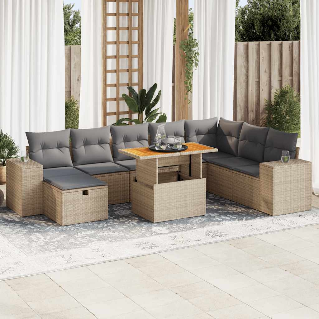 VidaXL 9-delige Loungeset met kussens poly rattan acacia beige