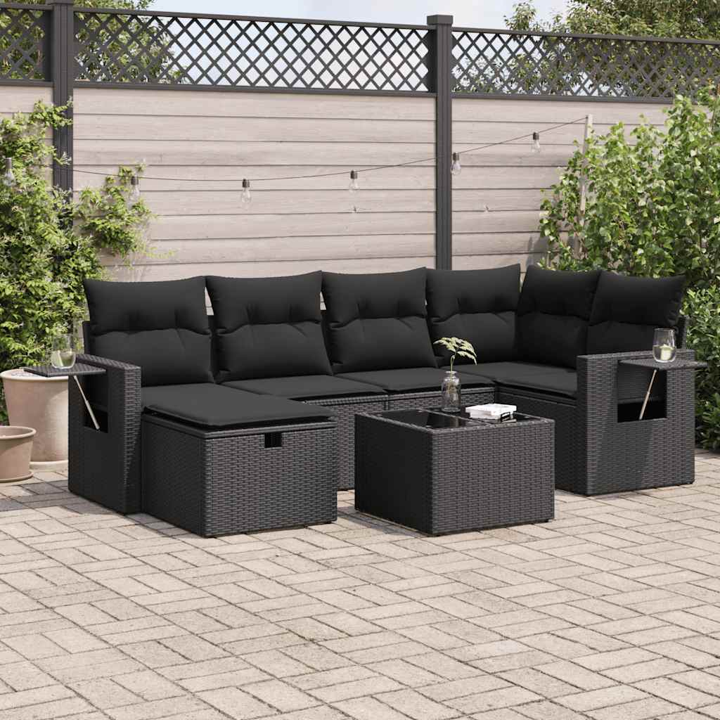 VidaXL 7-delige Loungeset met kussens poly rattan zwart