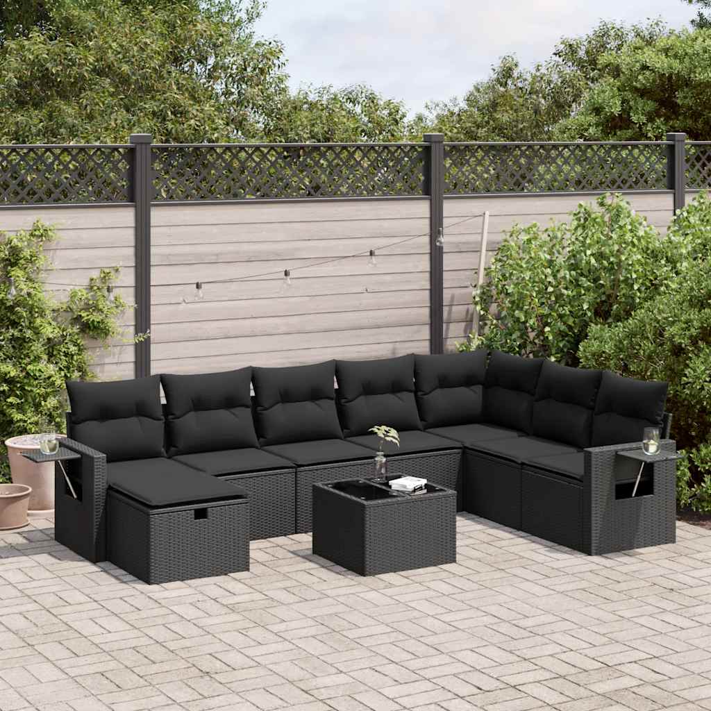 VidaXL 9-delige Loungeset met kussens poly rattan zwart