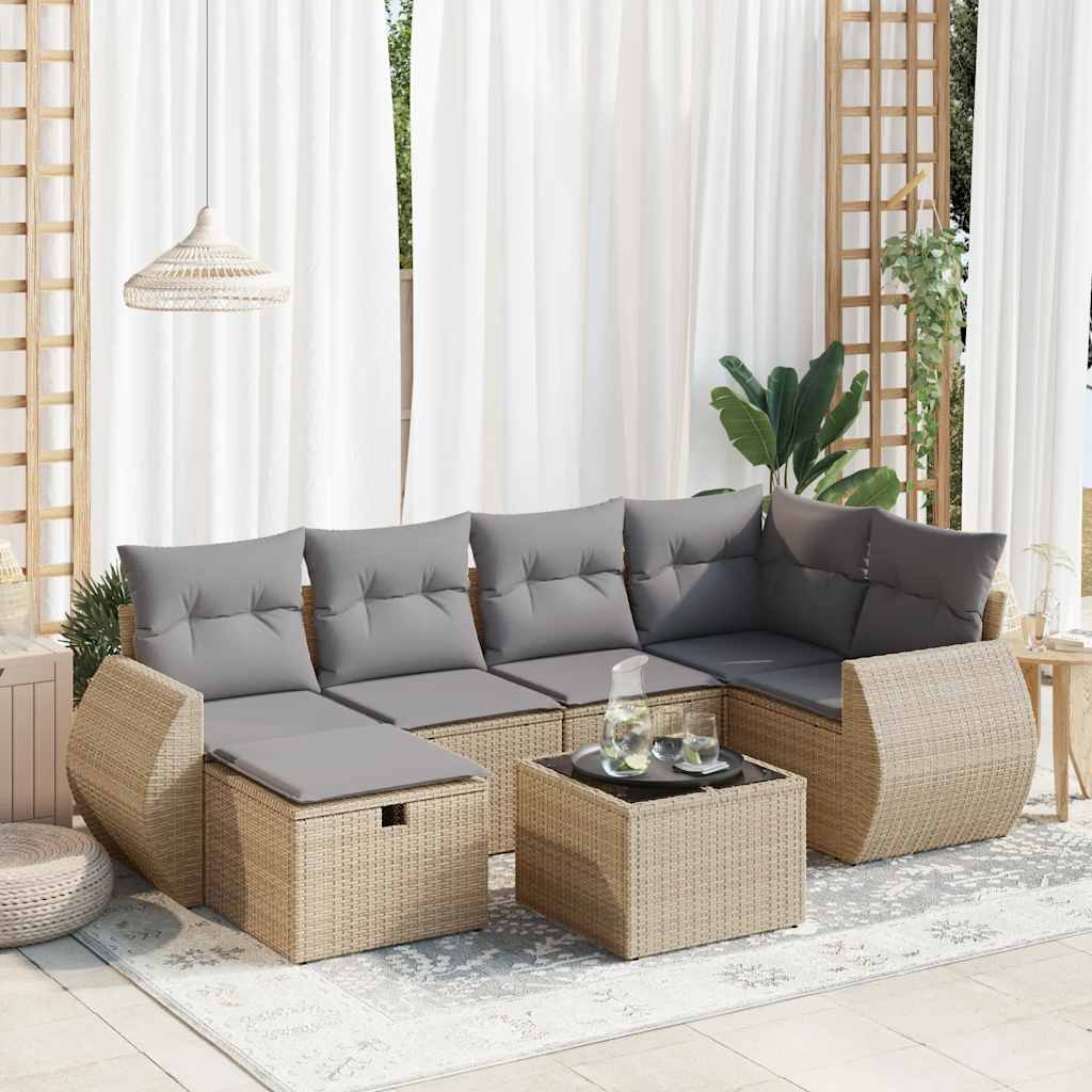 VidaXL 7-delige Loungeset met kussens poly rattan beige