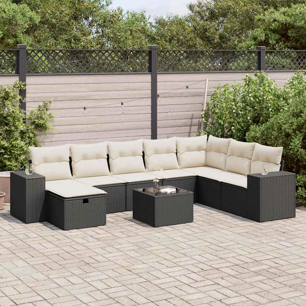 VidaXL 9-delige Loungeset met kussens poly rattan zwart