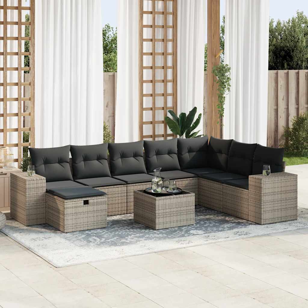 VidaXL 9-delige Loungeset met kussens poly rattan grijs