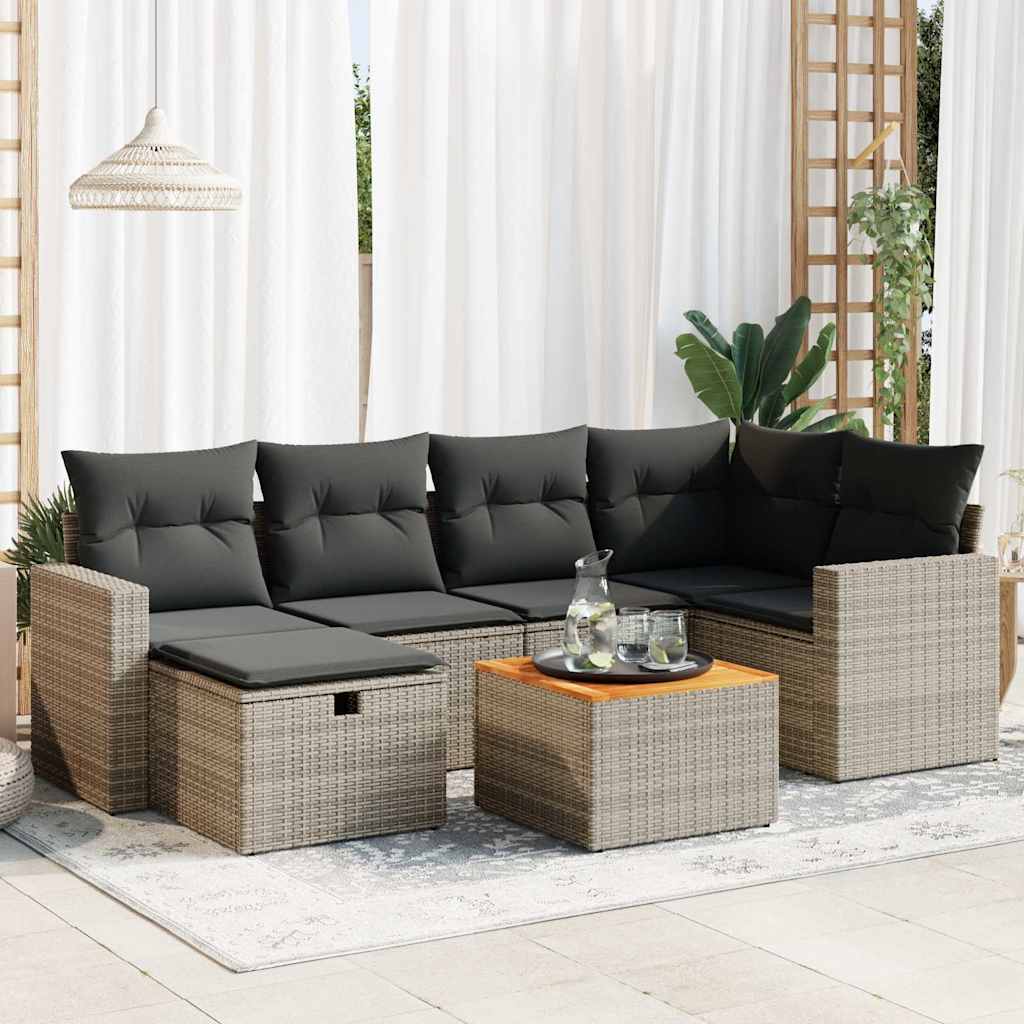 VidaXL 7-delige Loungeset met kussens poly rattan grijs