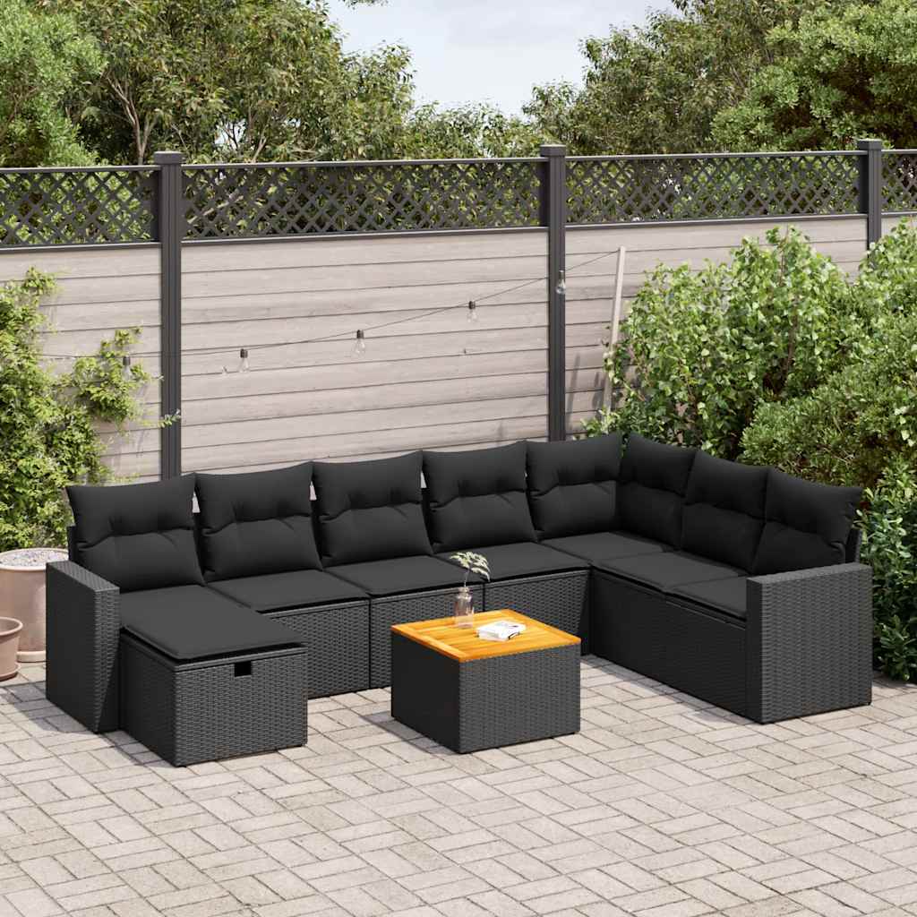 VidaXL 9-delige Loungeset met kussens poly rattan zwart