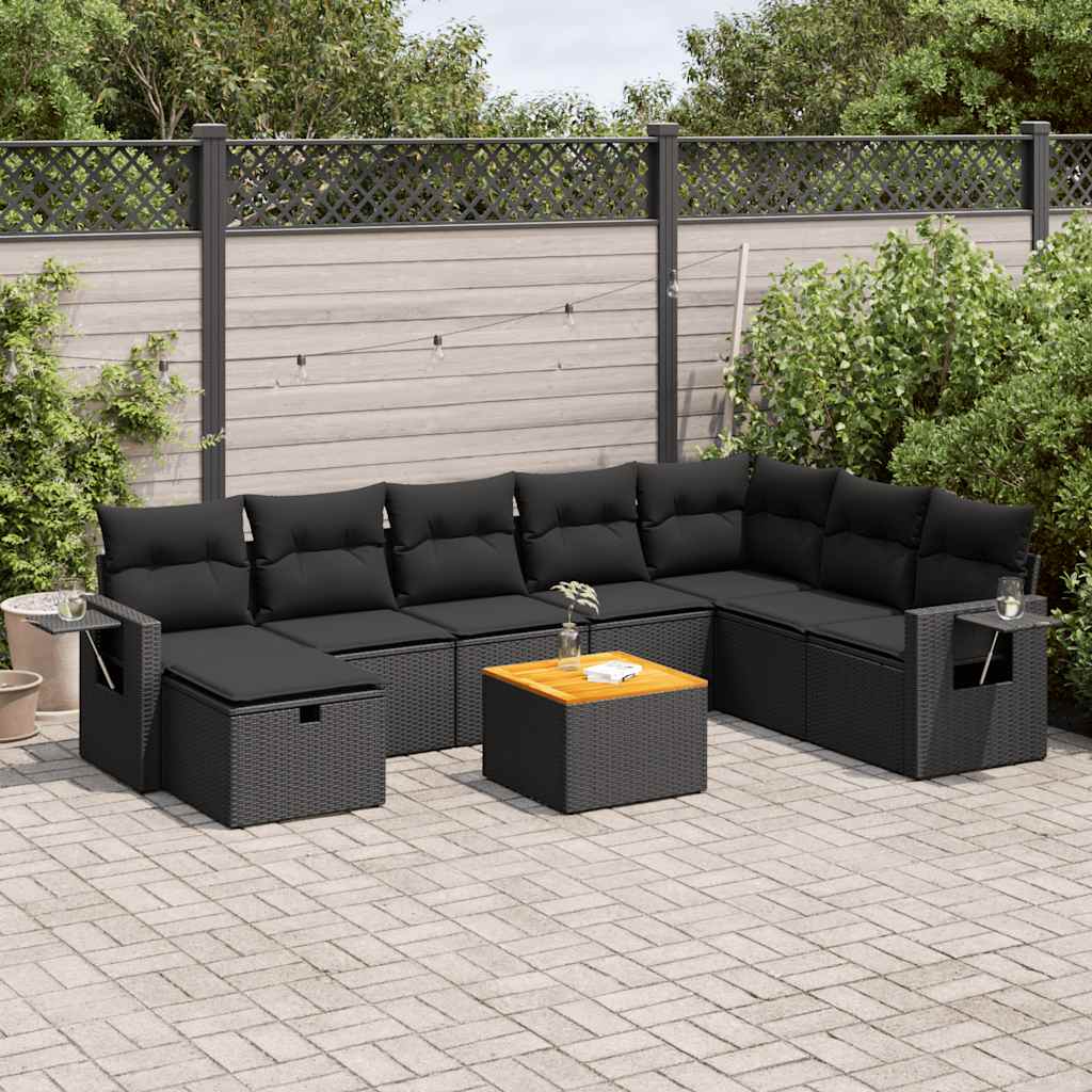 VidaXL 9-delige Loungeset met kussens poly rattan zwart