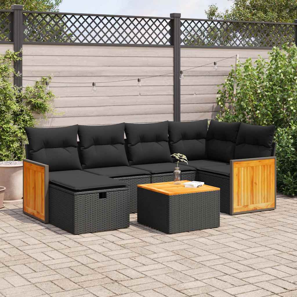 VidaXL 7-delige Loungeset met kussens poly rattan zwart