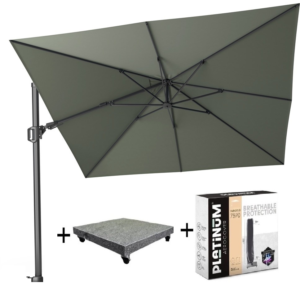 Platinum Challenger T2 zweefparasol 300x300 cm olijf  met parasolvoet 90kg en hoes