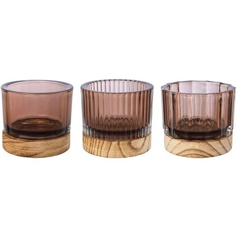 Creativ home Windlicht Kandelaar van glas, met houten voet (set, 3 stuks)