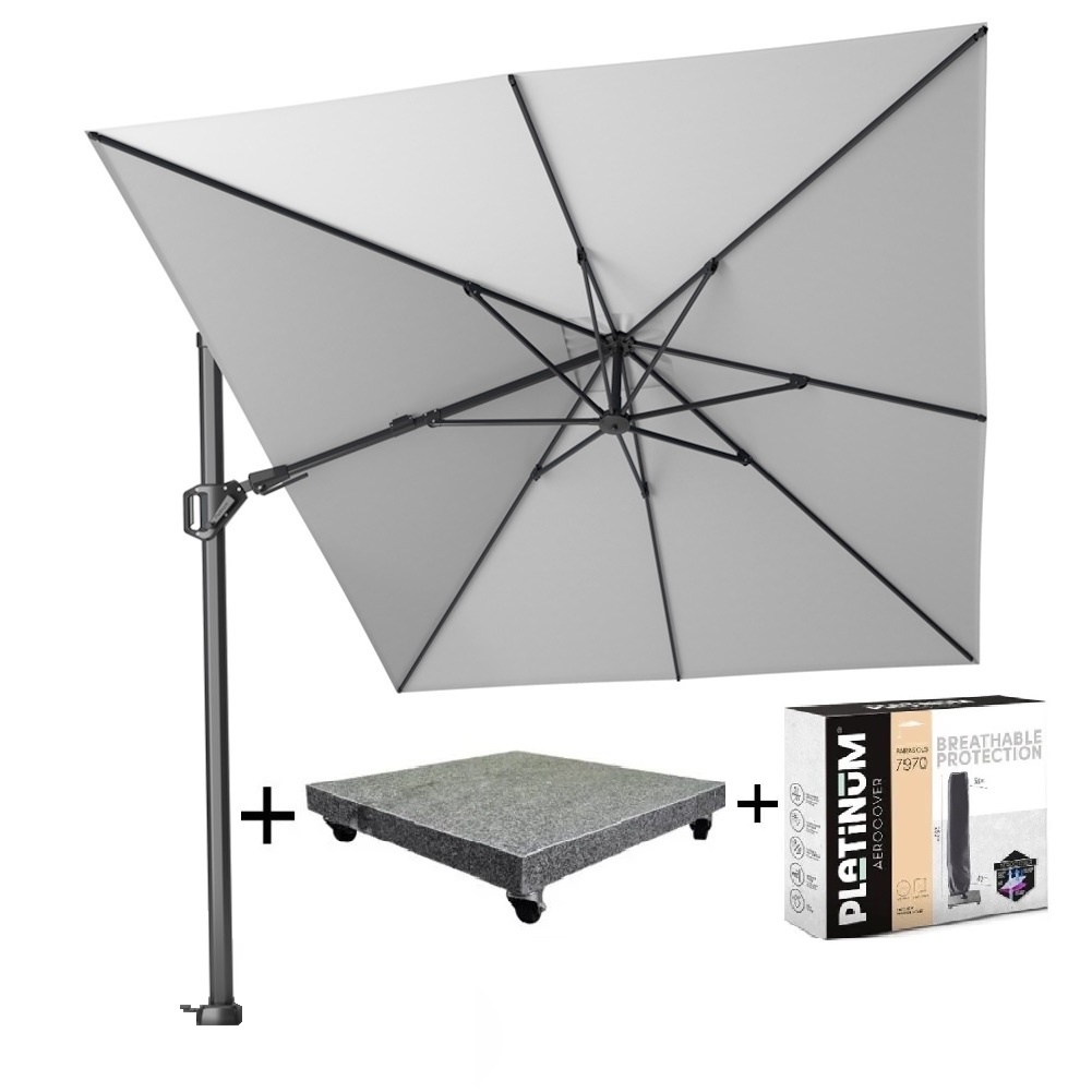 Platinum Challenger T2 zweefparasol 350x260 cm lichtgrijs met parasolvoet 90 kg en hoes