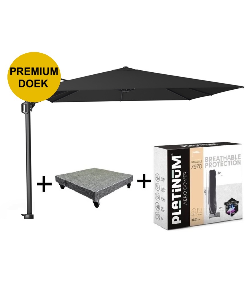 Platinum Challenger T1 premium zweefparasol 300x300 cm faded black met parasolvoet 90kg en hoes