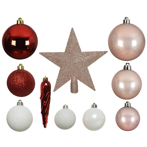 Decoris Kerstballen Mix 33 st. - Roze/Rood/Wit - 