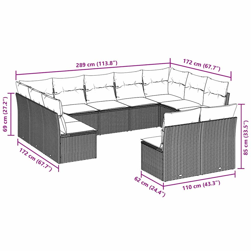 vidaXL 11-delige Loungeset met kussens poly rattan lichtgrijs