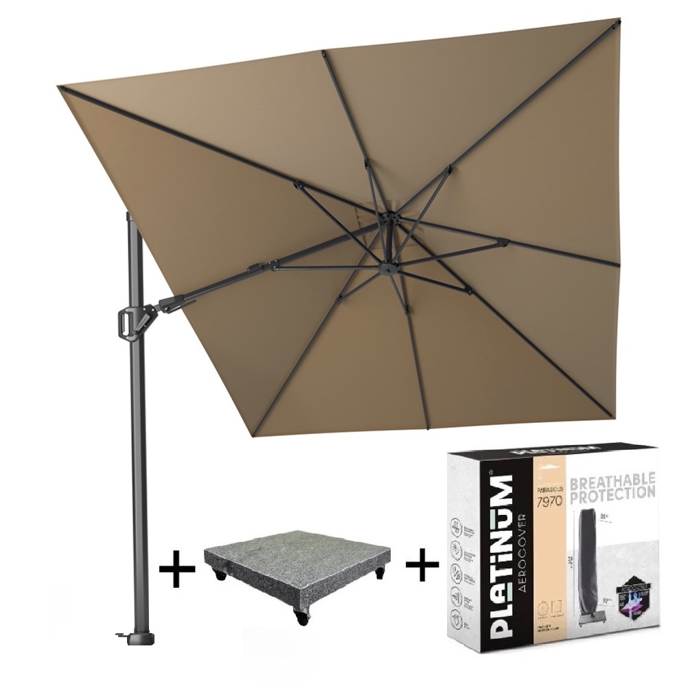 Platinum Challenger T2 zweefparasol 350x260 cm taupe met  parasolvoet 90kg en hoes