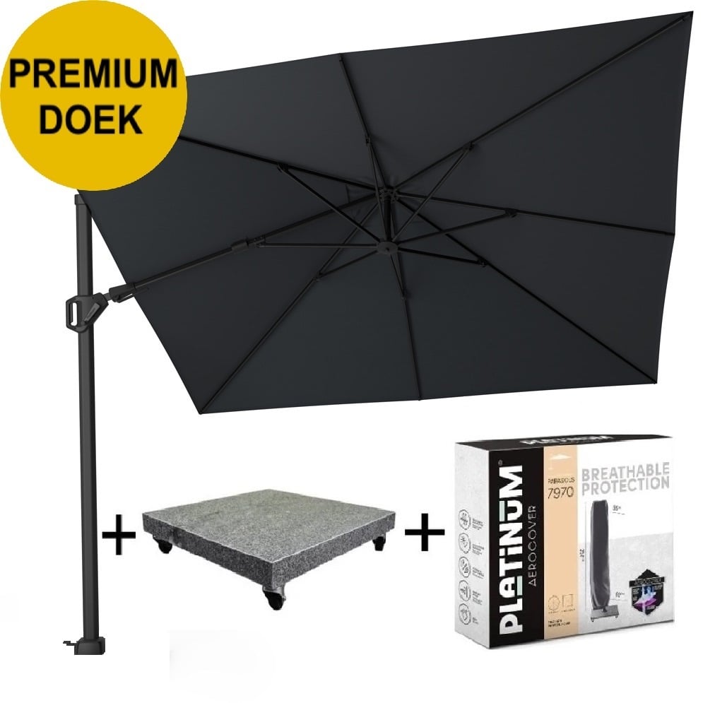 Platinum Challenger T2 premium zweefparasol 300x300 cm matt black mast jet black met parasolvoet 90 kg en hoes