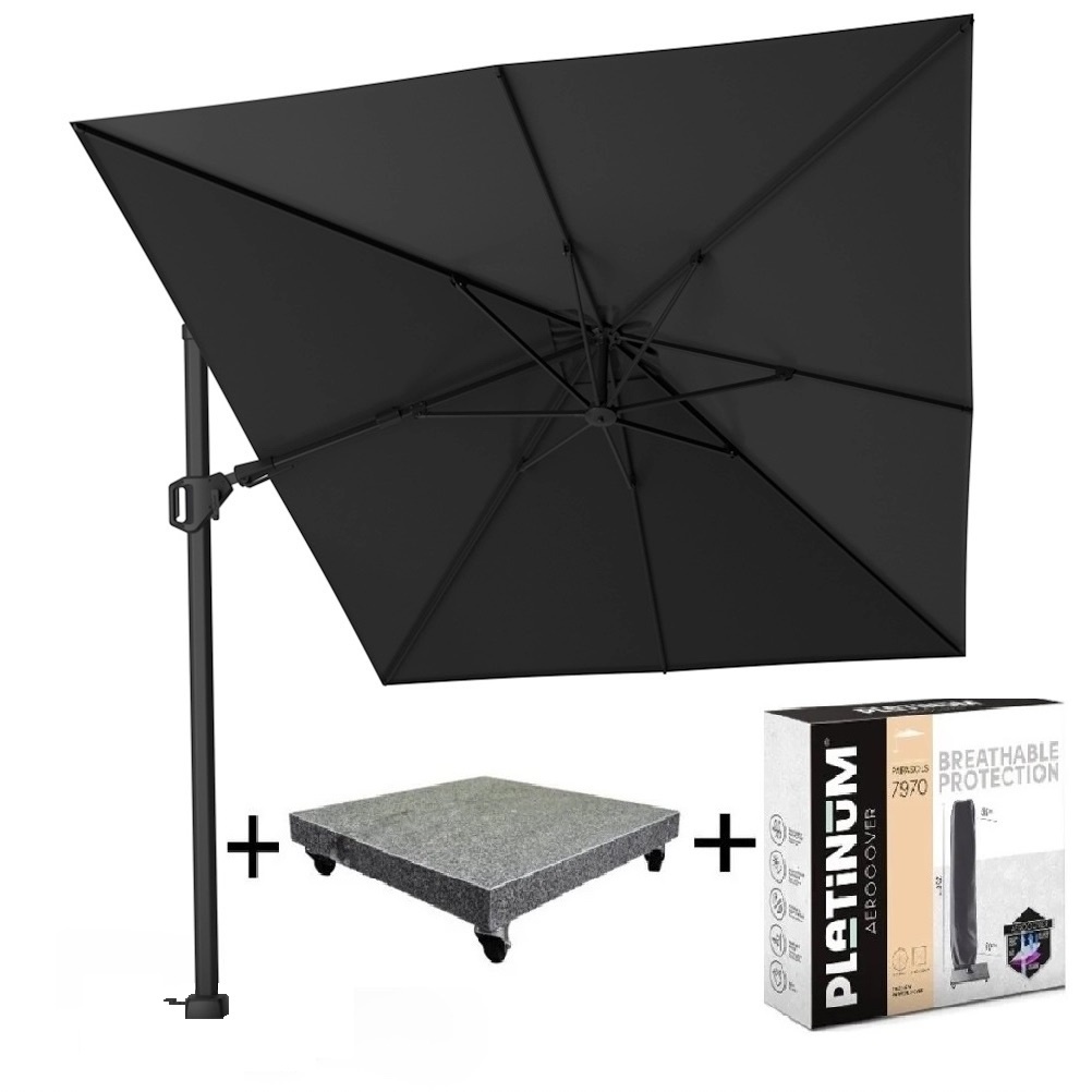 Platinum Challenger T2 premium zweefparasol 350x260 cm matt black mast jet black  met parasolvoet 90kg en hoes