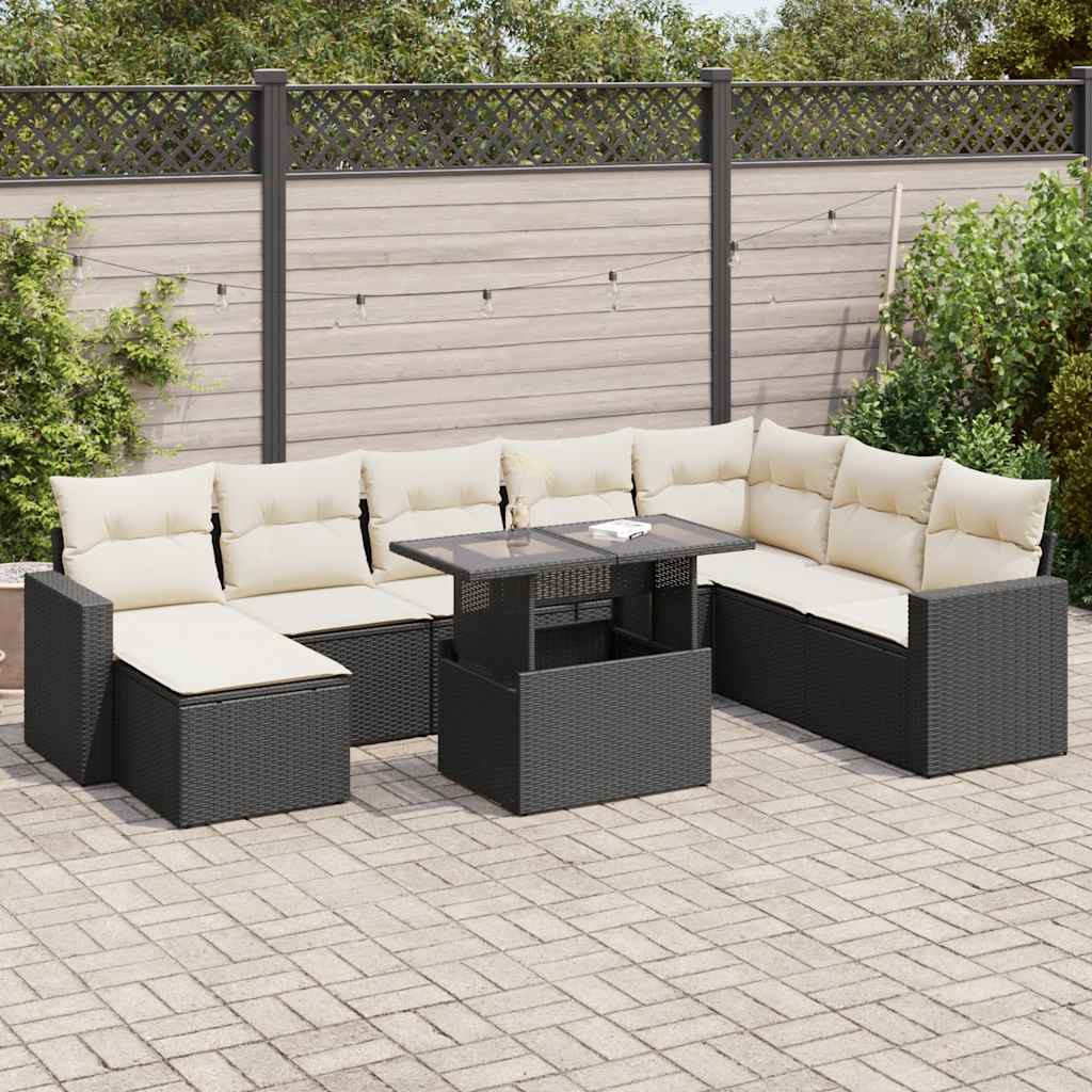 VidaXL 9-delige Loungeset met kussens poly rattan zwart