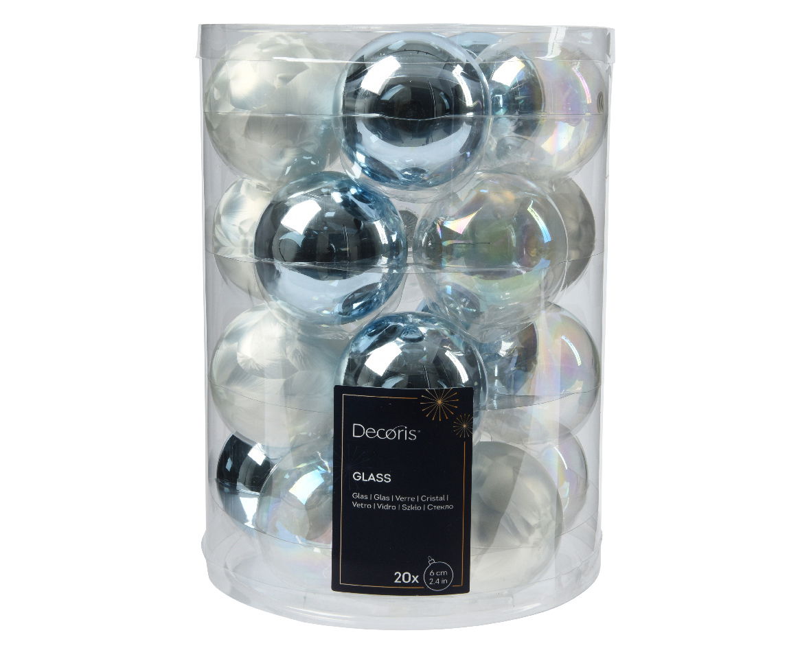 Decoris Kerstbal glas d6 cm blauw/wit 20st - 